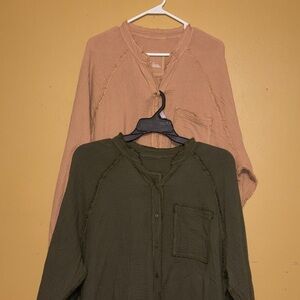 Aerie Cotton Gauze Large BOHO Oversized Tan Green Shirt Lot of 2